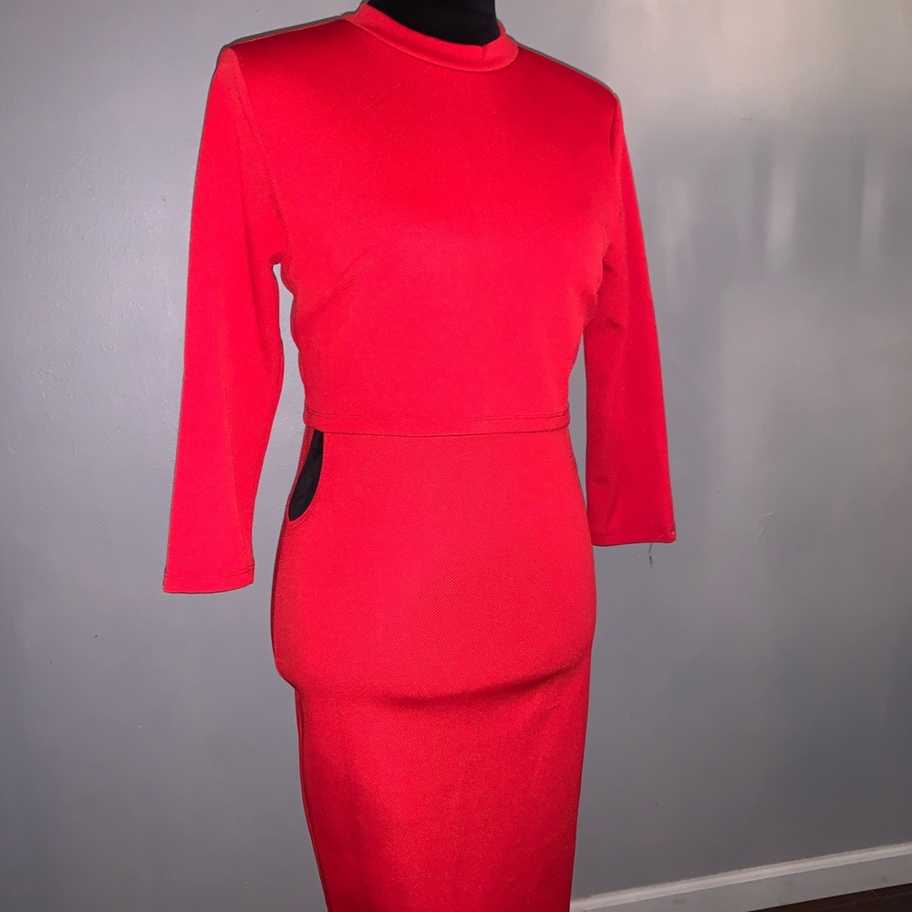 Red High Neck Side Cutout Midi Dress